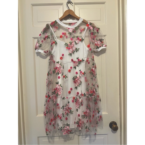 SHEIN Dresses & Skirts - Floral embroidered dress sheer white short sleeve spaghetti strap coverup party